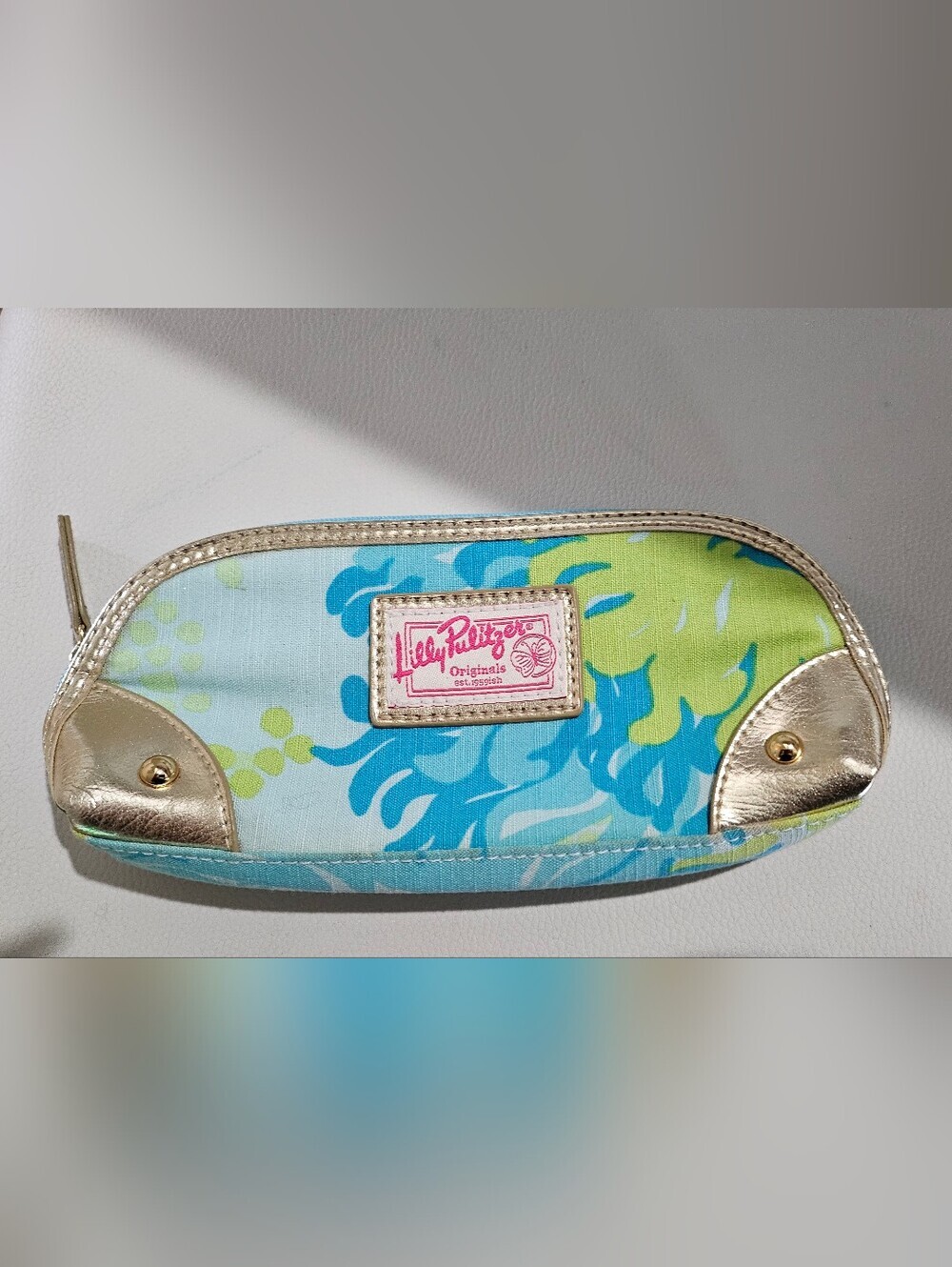 Lilly Pulitzer Originals Cosmetic Makeup Bag Blue Green Floral Gold Trim